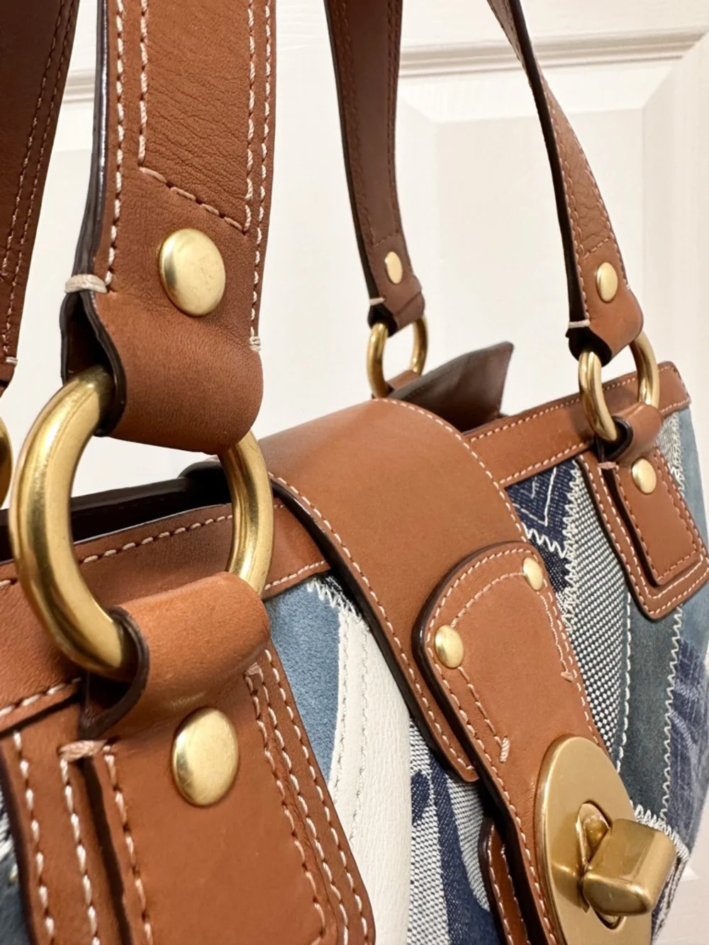 Coach Hamptons Satchel Bag Denim Patchwork Saddle Leather Turnlock